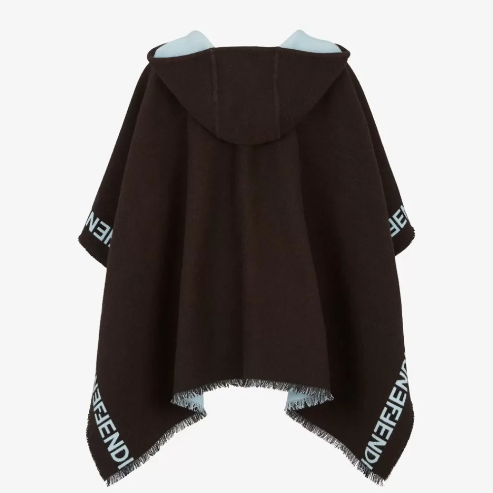 Sciarpe E Poncho>Fendi Poncho In Lana Marrone Scuro E Azzurro