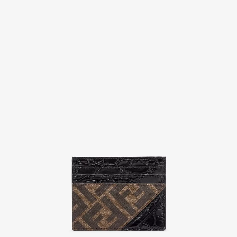 Portacarte>Fendi Portatessere In Tessuto Marrone E Caimano Nero