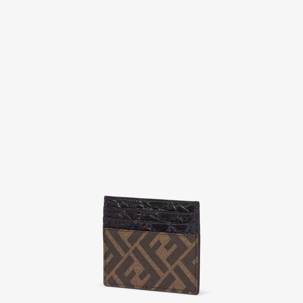Portacarte>Fendi Portatessere In Tessuto Marrone E Caimano Nero