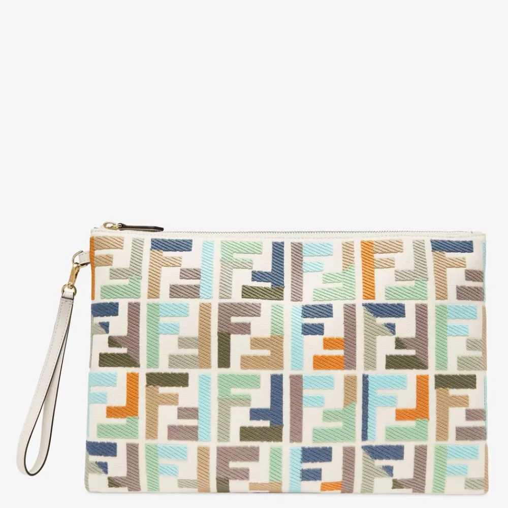 Pouch>Fendi Pouch In Canvas Multicolor Con Ricamo Ff