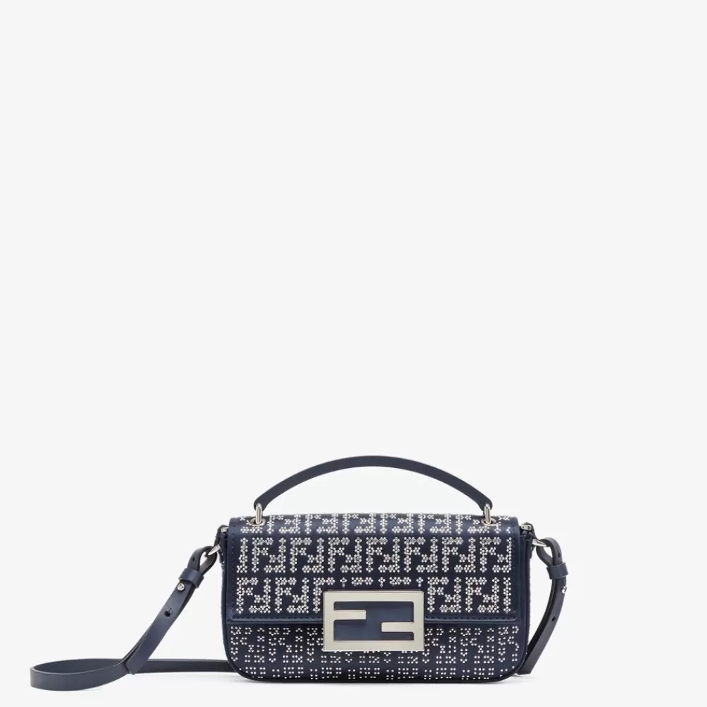 Borse Mini>Fendi Pouch In Raso Blu Notte Con Cristalli