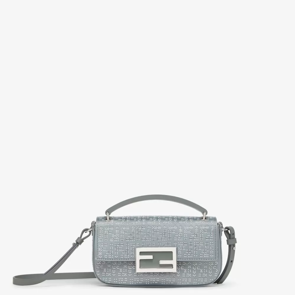 Borse Mini>Fendi Pouch In Raso Grigioverde Notte Con Cristalli