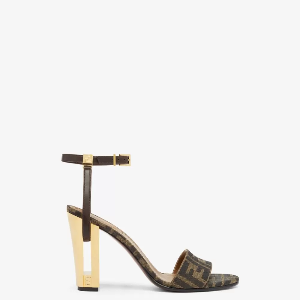 Slides E Sandali>Fendi Sandalo Con Tacco Alto In Tessuto Marrone
