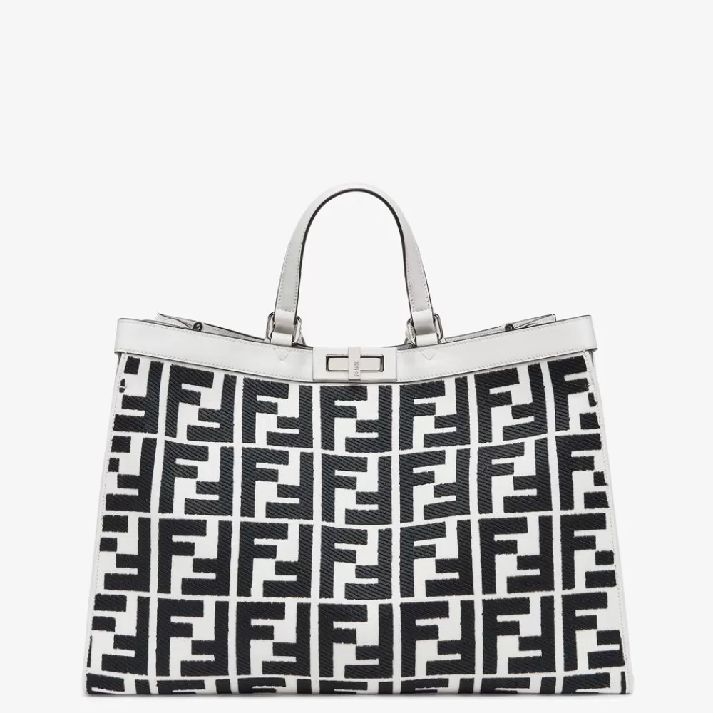 Borse Tote>Fendi Shopper In Canvas Bianca Con Ricamo Ff