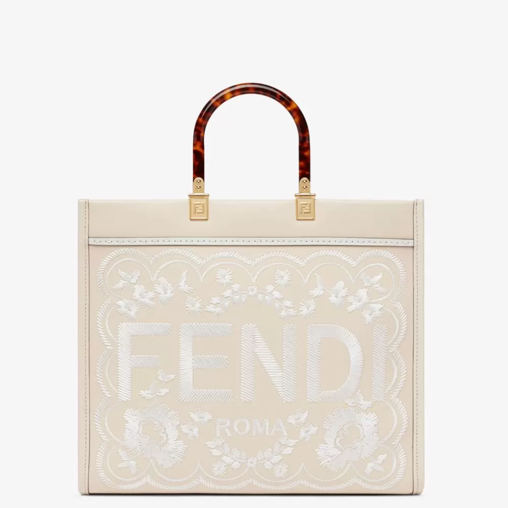 Borse Tote>Fendi Shopper In Pelle Camelia Con Ricamo Floreale