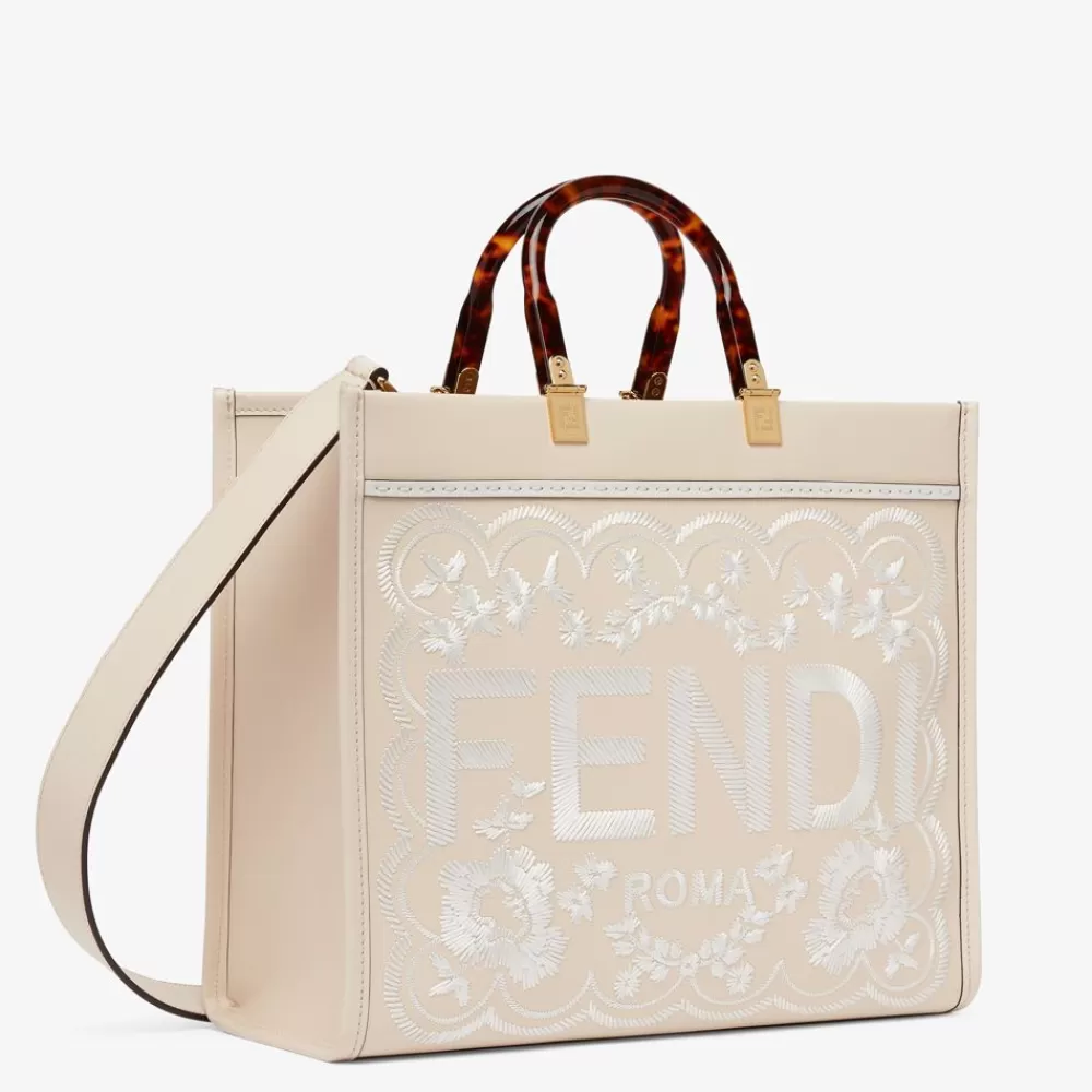 Borse Tote>Fendi Shopper In Pelle Camelia Con Ricamo Floreale