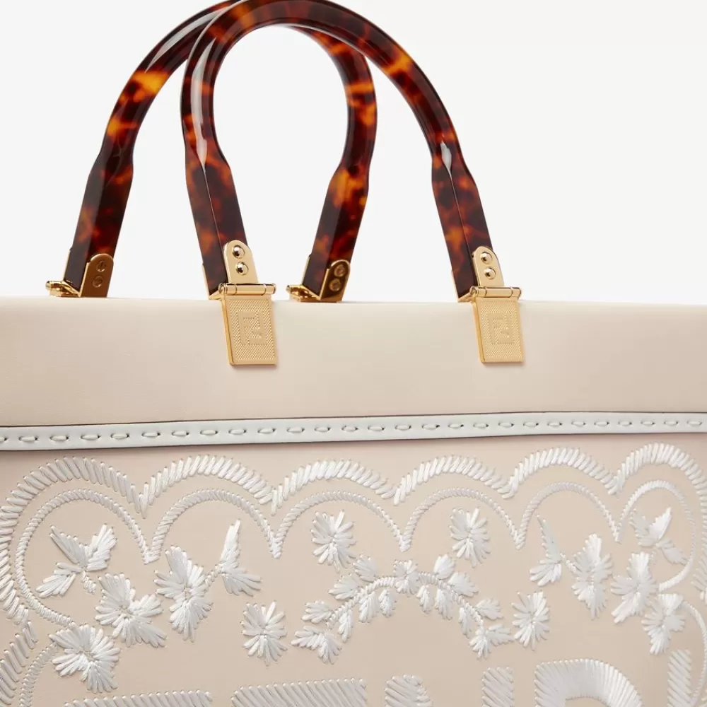 Borse Tote>Fendi Shopper In Pelle Camelia Con Ricamo Floreale