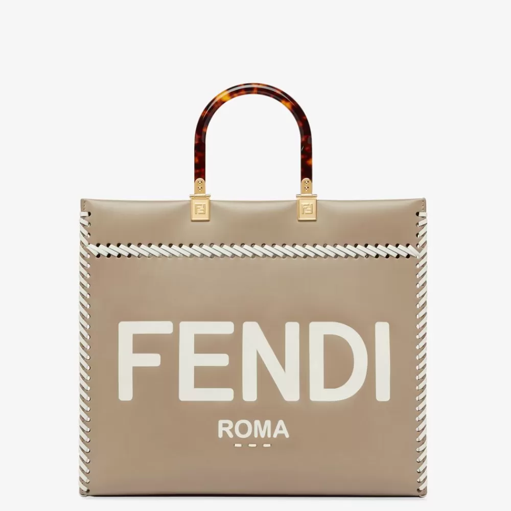 Borse Tote>Fendi Shopper In Pelle Tortora Con Infilature A Contrasto