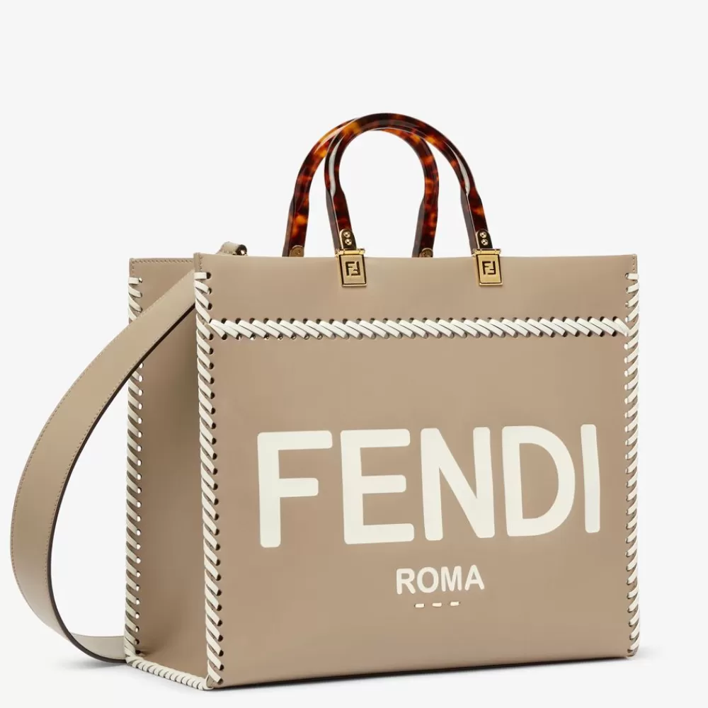 Borse Tote>Fendi Shopper In Pelle Tortora Con Infilature A Contrasto