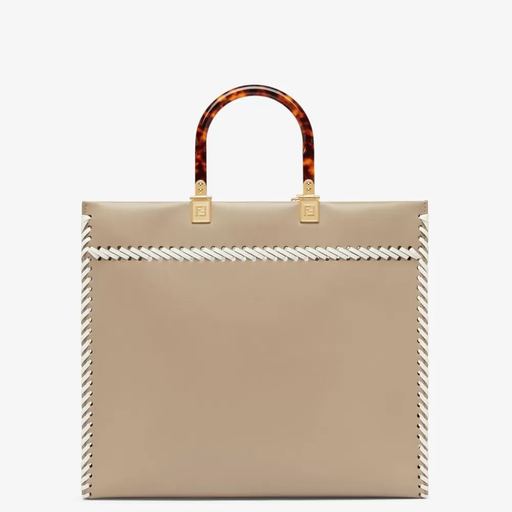 Borse Tote>Fendi Shopper In Pelle Tortora Con Infilature A Contrasto