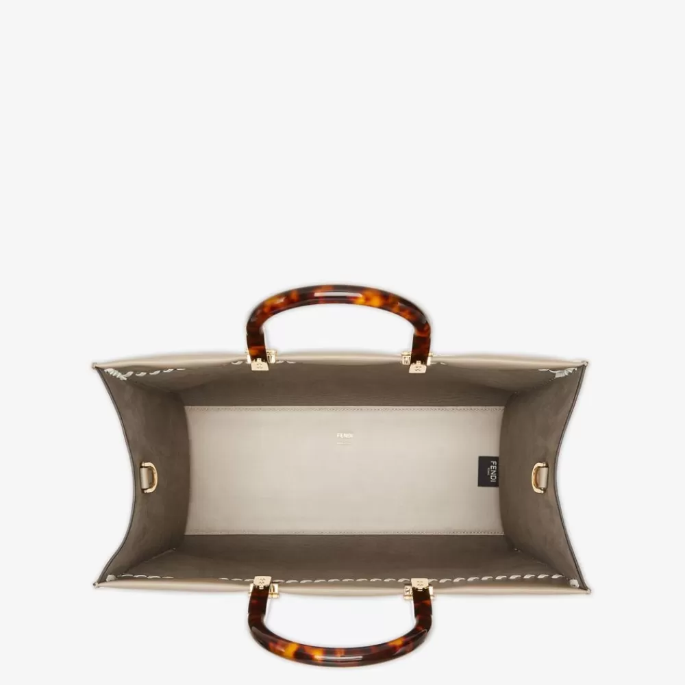 Borse Tote>Fendi Shopper In Pelle Tortora Con Infilature A Contrasto