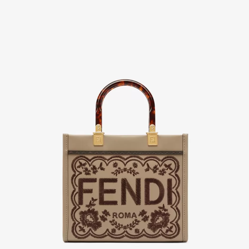 Borse Tote>Fendi Shopper In Pelle Tortora Con Ricamo Floreale