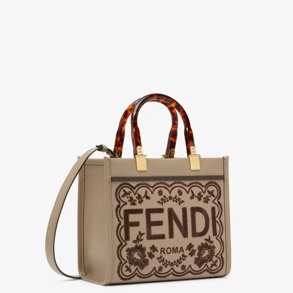 Borse Tote>Fendi Shopper In Pelle Tortora Con Ricamo Floreale