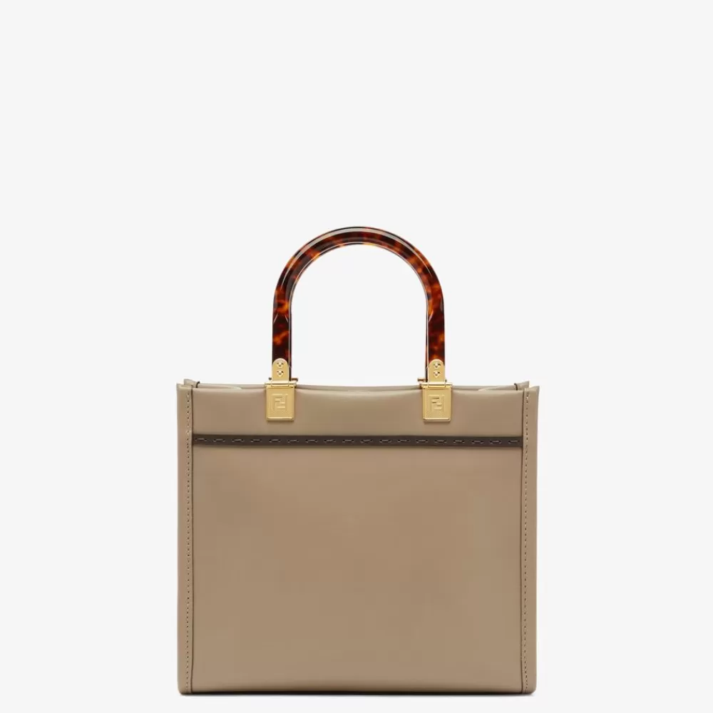 Borse Tote>Fendi Shopper In Pelle Tortora Con Ricamo Floreale