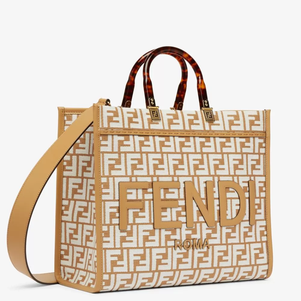 Borse Tote>Fendi Shopper In Rafia Con Motivo Ff In Tessuto Tapestry Bianco