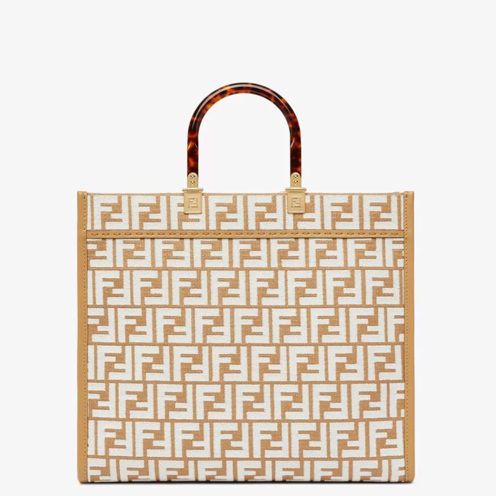 Borse Tote>Fendi Shopper In Rafia Con Motivo Ff In Tessuto Tapestry Bianco