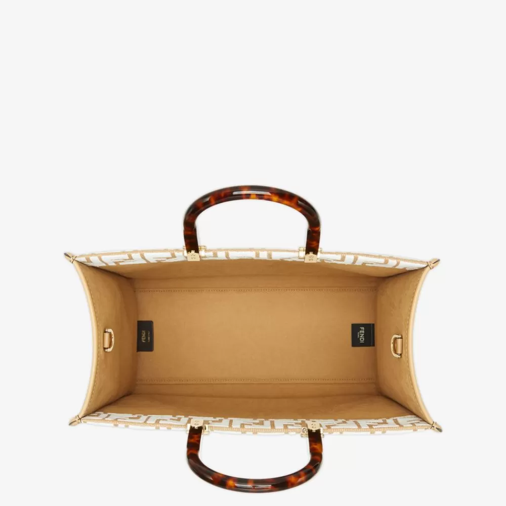 Borse Tote>Fendi Shopper In Rafia Con Motivo Ff In Tessuto Tapestry Bianco
