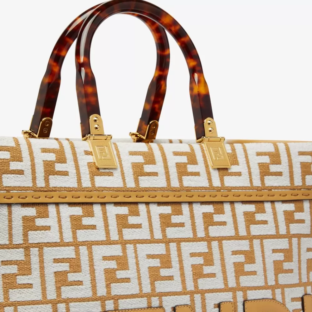 Borse Tote>Fendi Shopper In Rafia Con Motivo Ff In Tessuto Tapestry Bianco