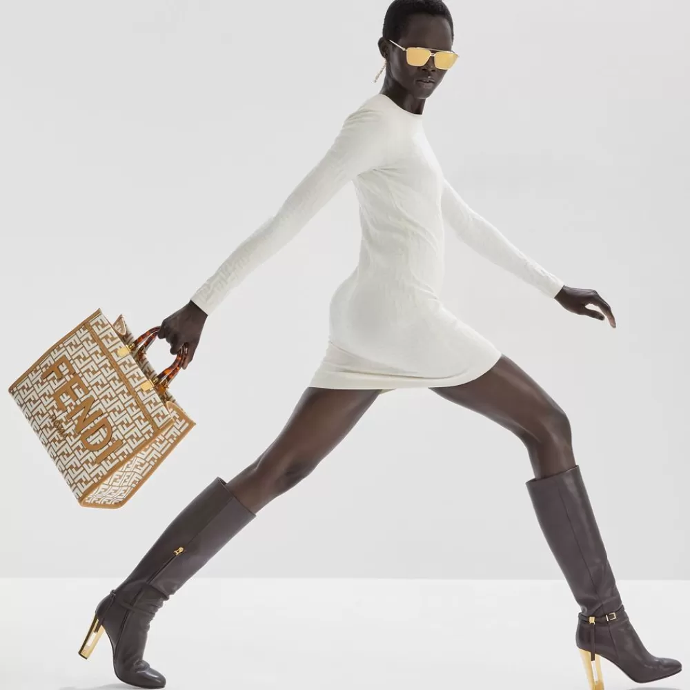 Borse Tote>Fendi Shopper In Rafia Con Motivo Ff In Tessuto Tapestry Bianco