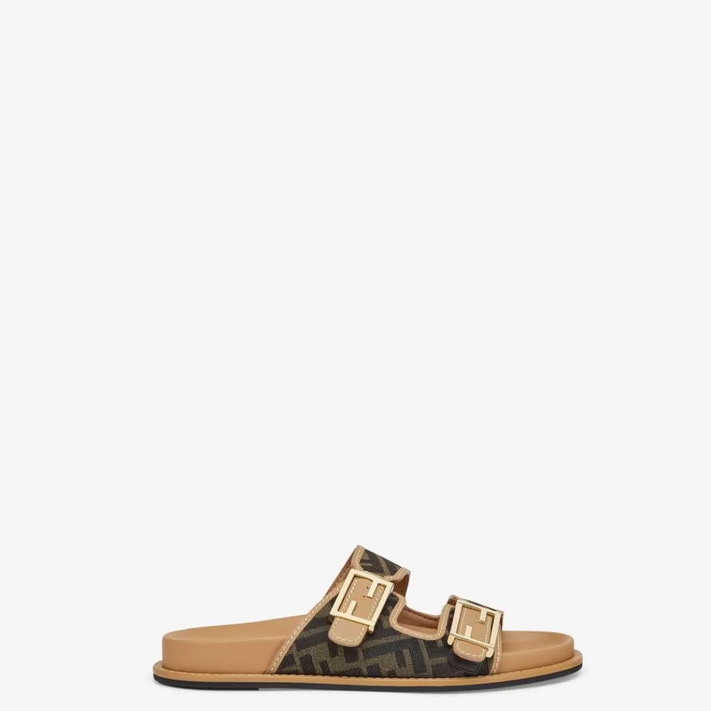 Slides E Sandali>Fendi Slide In Tessuto Ff Marrone