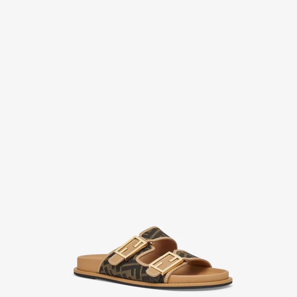 Slides E Sandali>Fendi Slide In Tessuto Ff Marrone