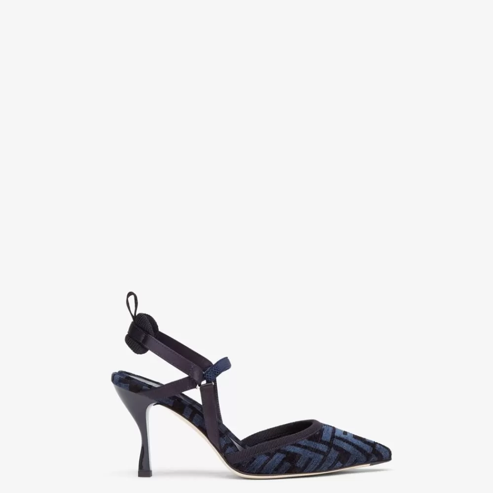 Decollete>Fendi Slingback Tacco Alto In Ciniglia Ff Blu
