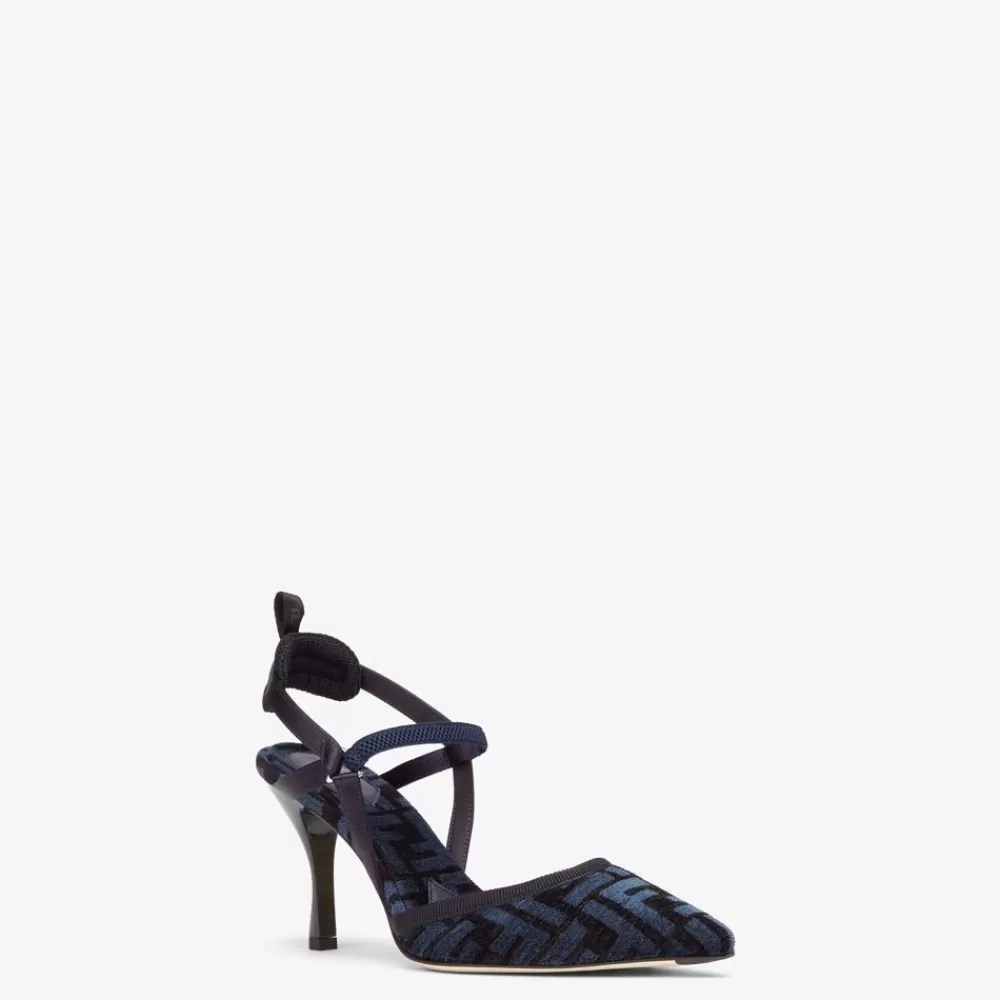 Decollete>Fendi Slingback Tacco Alto In Ciniglia Ff Blu
