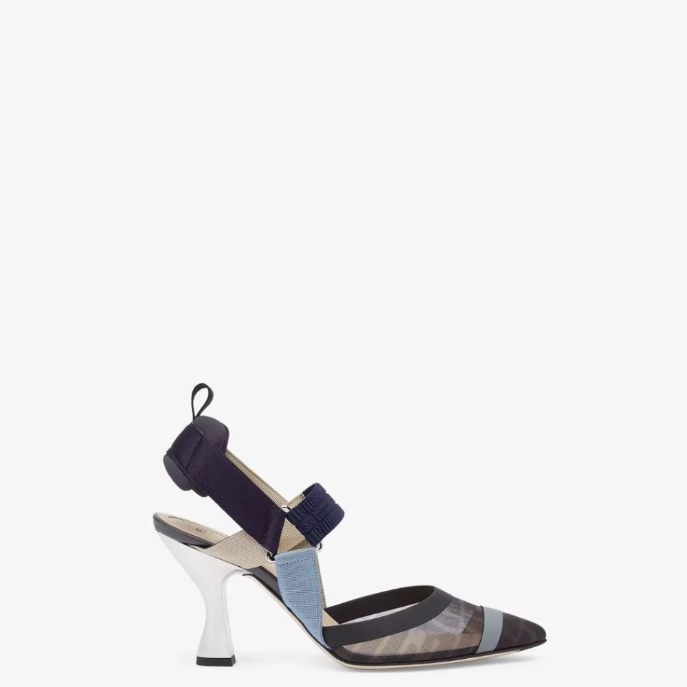 Decollete>Fendi Slingback Tacco Alto In Rete Blu