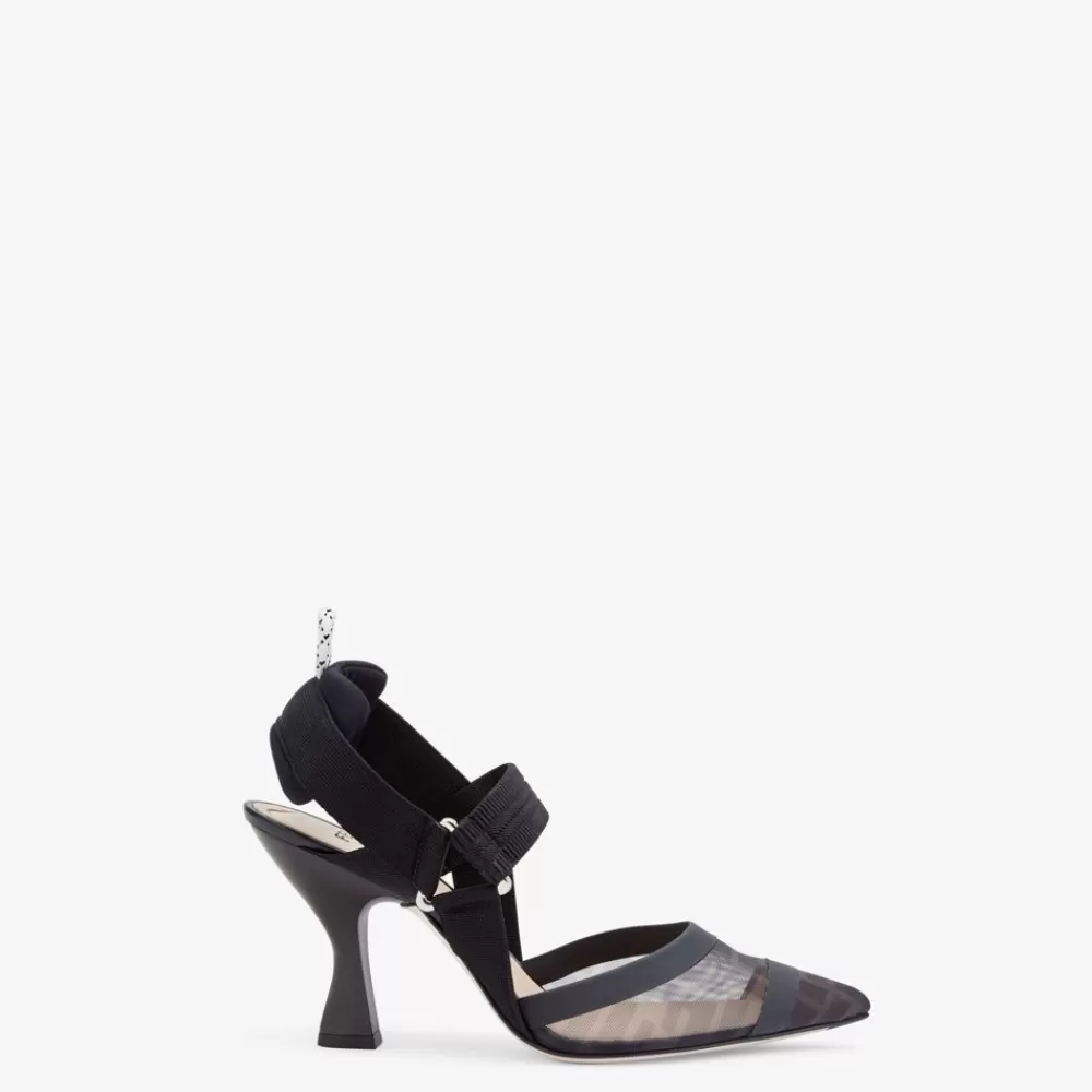 Decollete>Fendi Slingback Tacco Alto In Rete E Pelle Nera