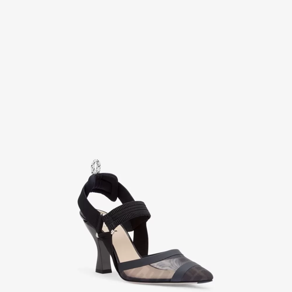 Decollete>Fendi Slingback Tacco Alto In Rete E Pelle Nera