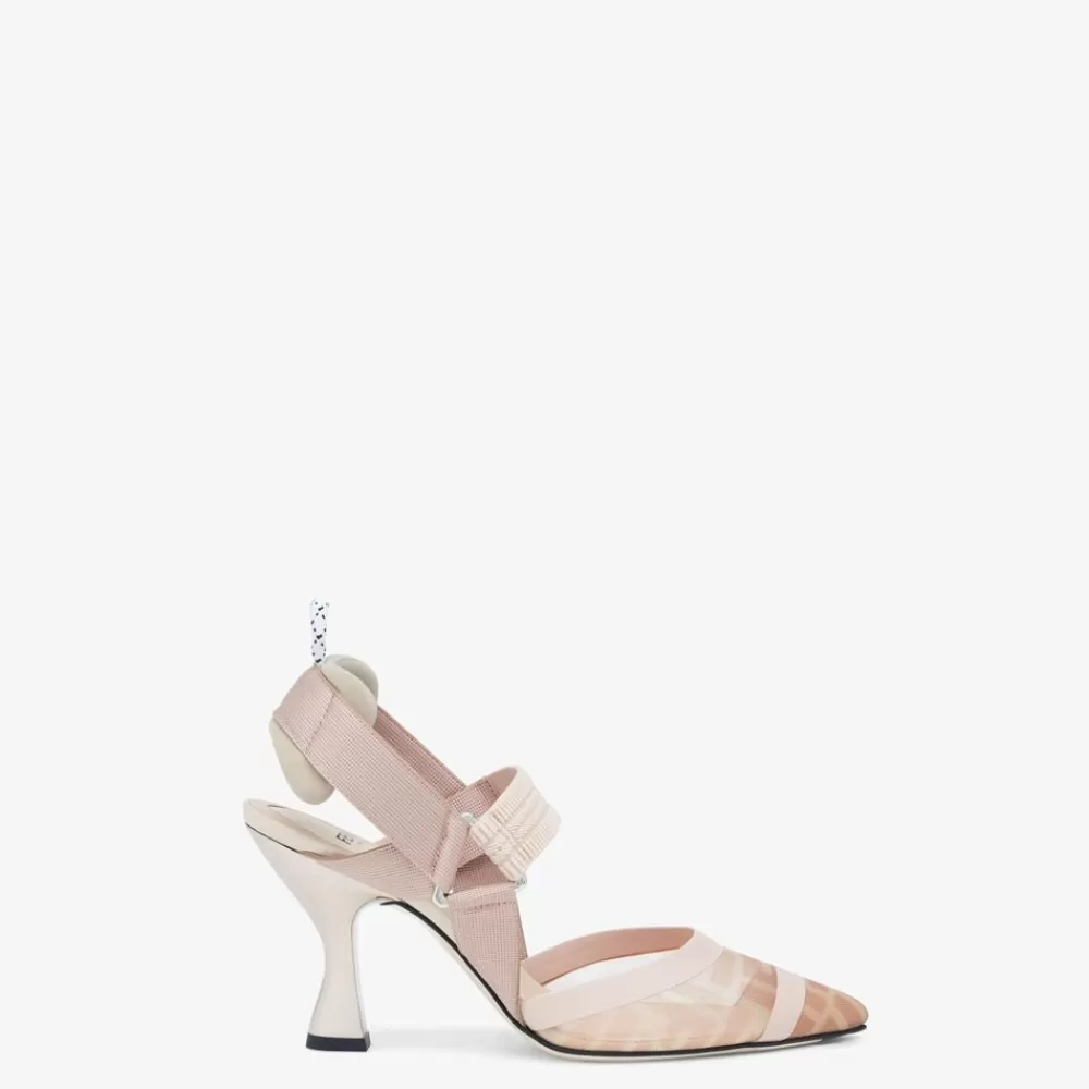 Decollete>Fendi Slingback Tacco Alto In Rete Rosa E Pelle Nude
