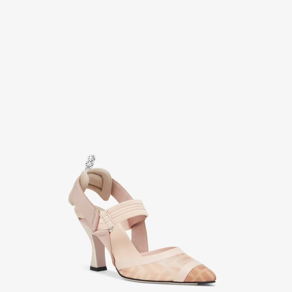 Decollete>Fendi Slingback Tacco Alto In Rete Rosa E Pelle Nude