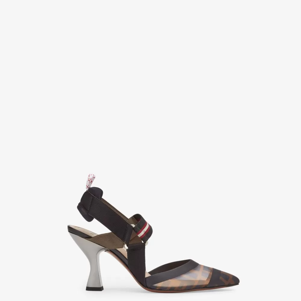 Decollete>Fendi Slingback Tacco Alto In Rete Tecnica Multicolor