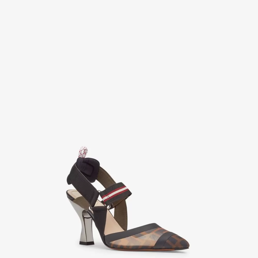Decollete>Fendi Slingback Tacco Alto In Rete Tecnica Multicolor