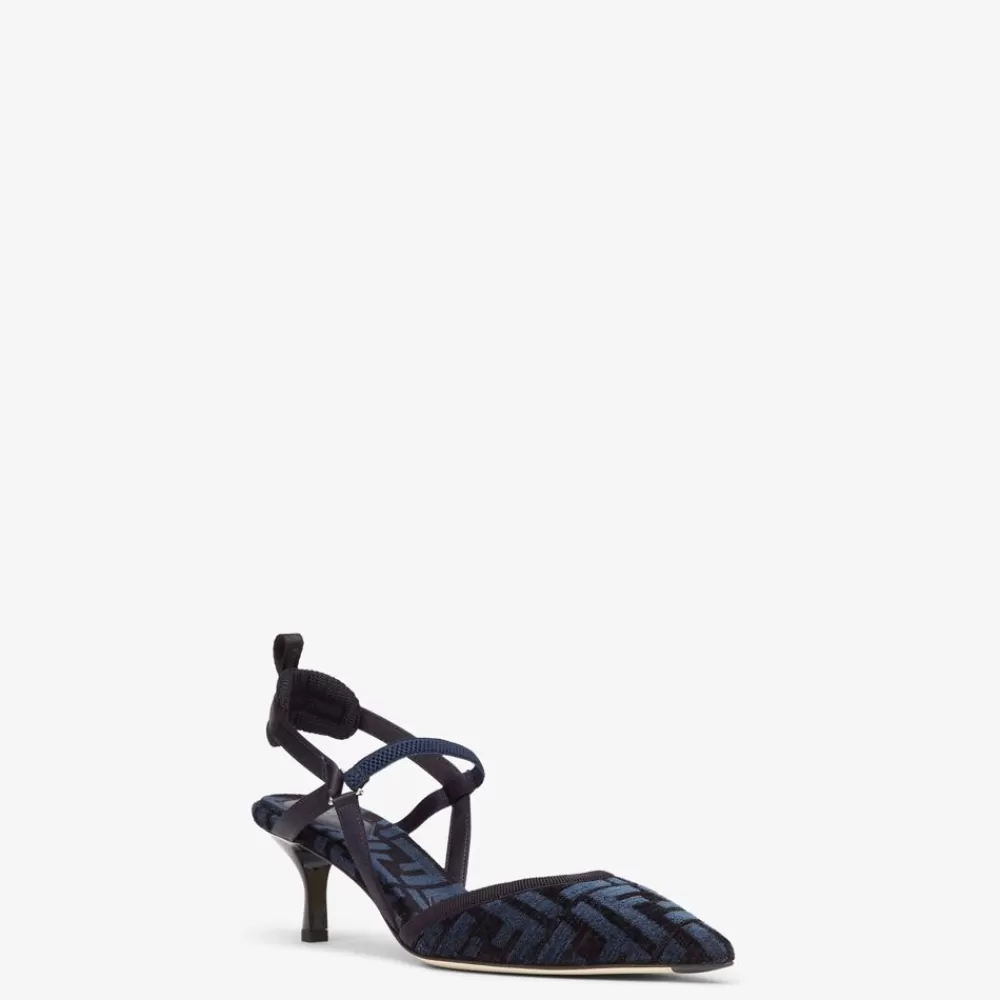 Decollete>Fendi Slingback Tacco Medio In Ciniglia Ff Blu