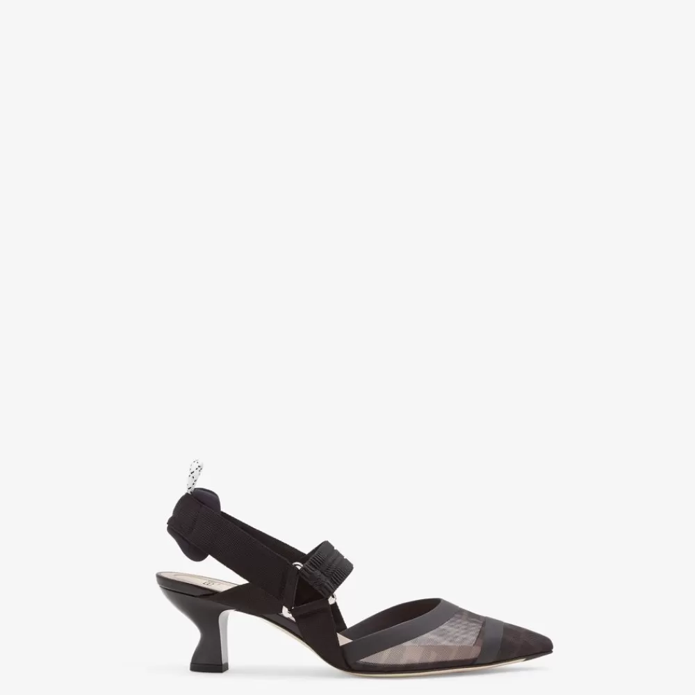 Decollete>Fendi Slingback Tacco Medio In Rete E Pelle Nera
