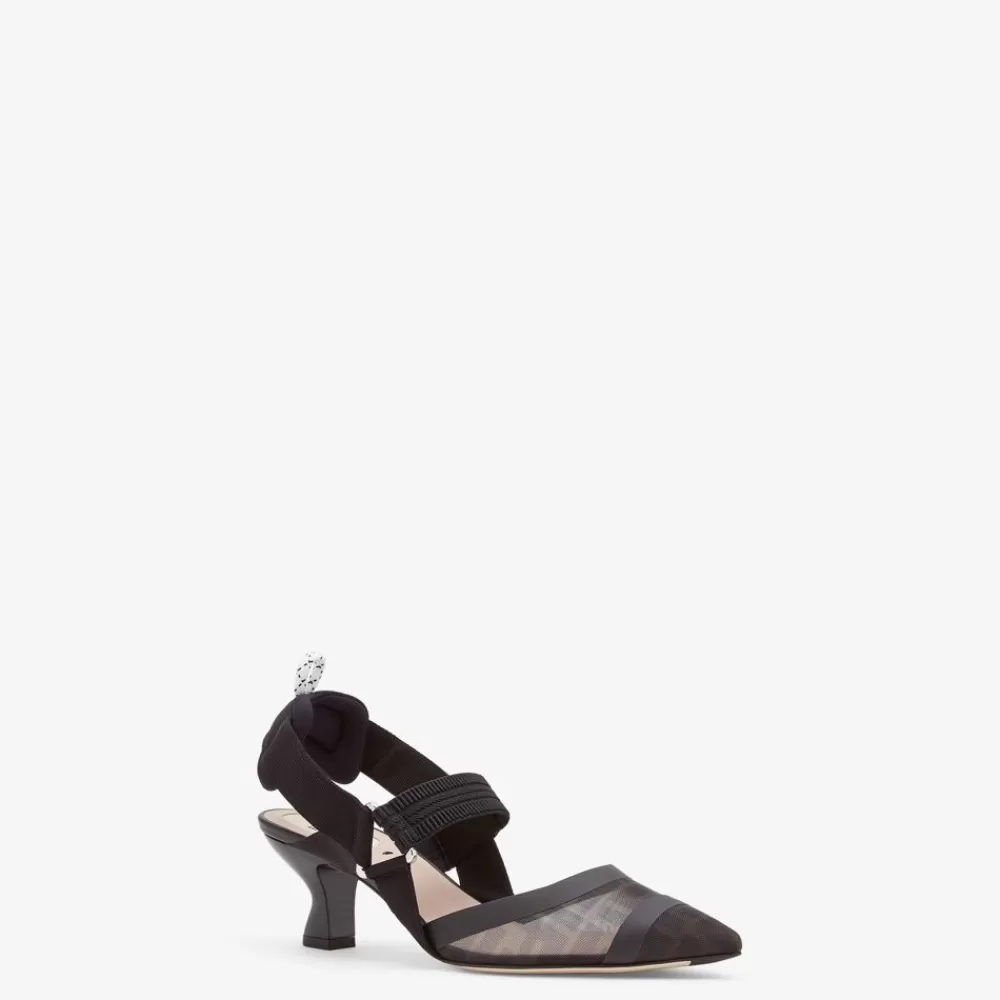 Decollete>Fendi Slingback Tacco Medio In Rete E Pelle Nera
