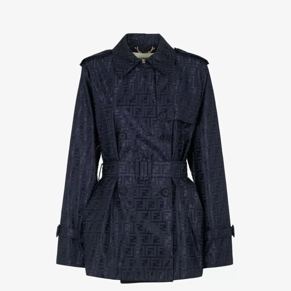 Cappotti E Capispalla>Fendi Trench In Tessuto Ff Jacquard Blu
