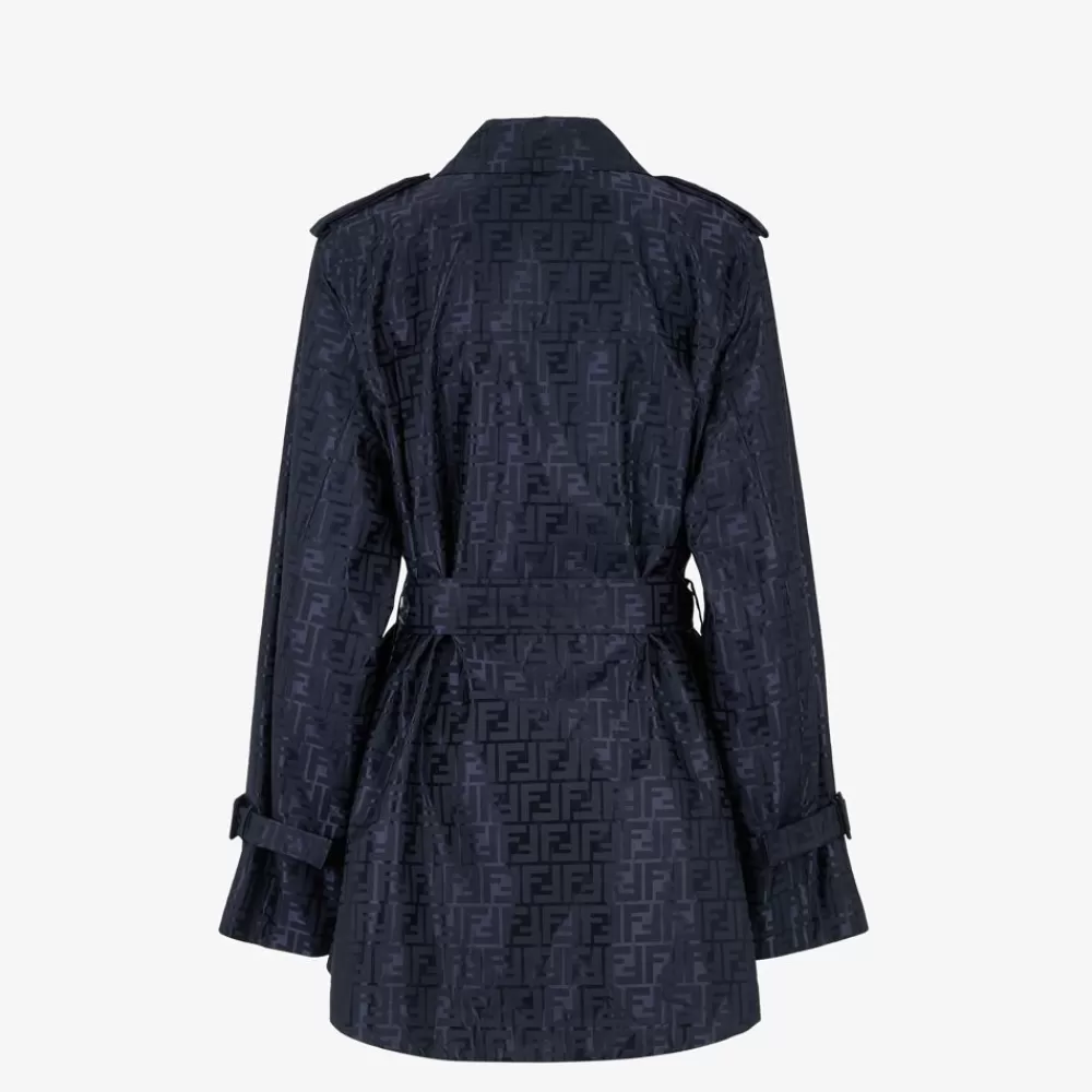 Cappotti E Capispalla>Fendi Trench In Tessuto Ff Jacquard Blu