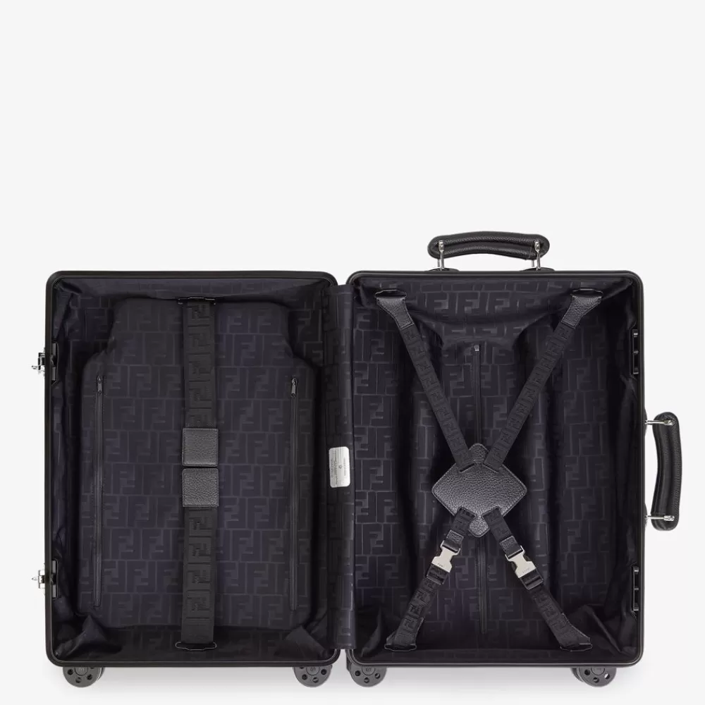 Viaggi>Fendi Trolley In Alluminio Nero Con Dettagli In Pelle