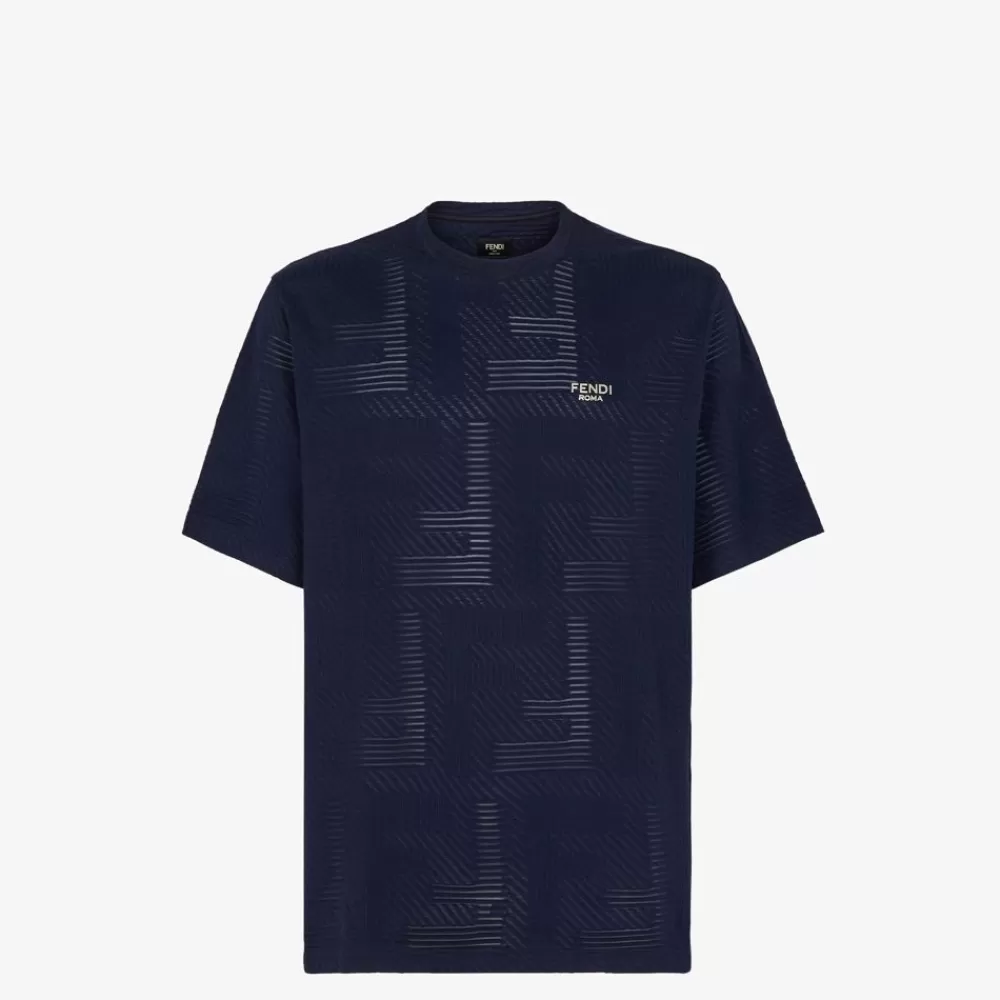 T-Shirt E Polo>Fendi T-Shirt In Jersey Jacquard Blu