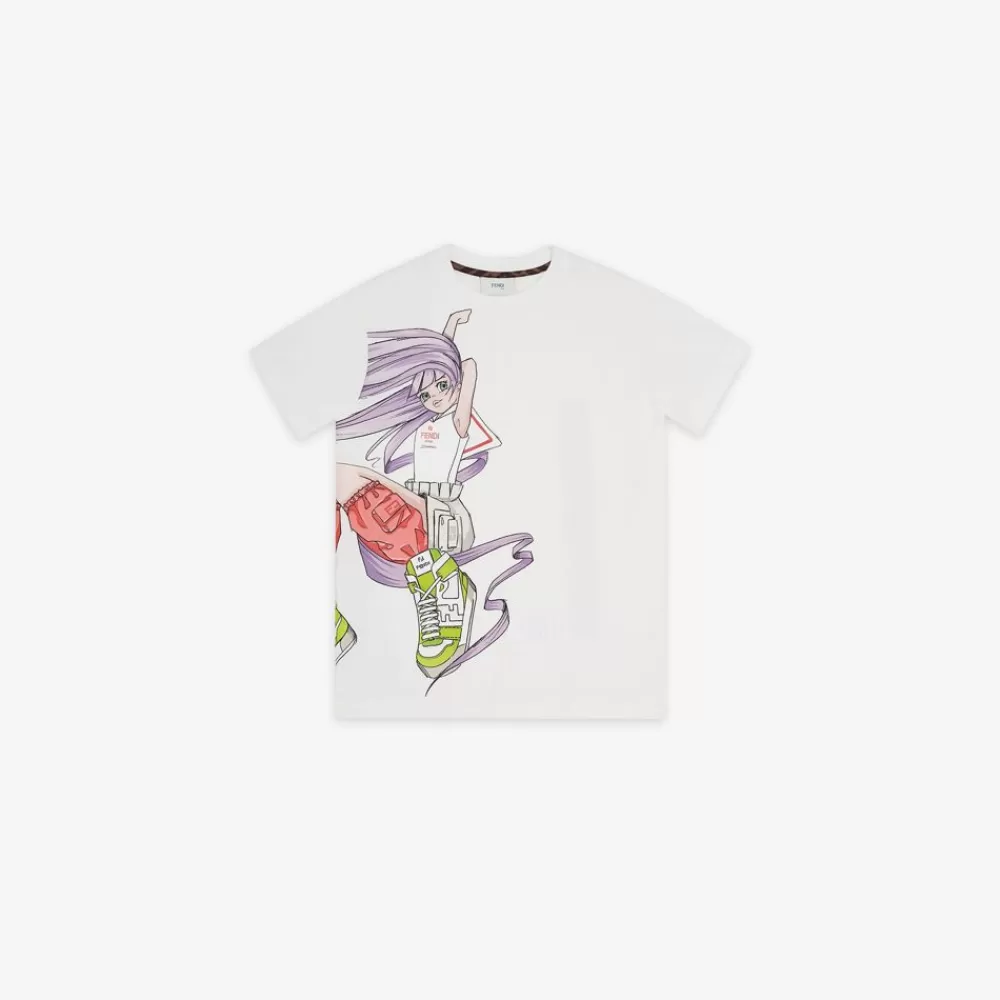 Abbigliamento>Fendi T-Shirt Junior In Jersey Bianco E Multicolor