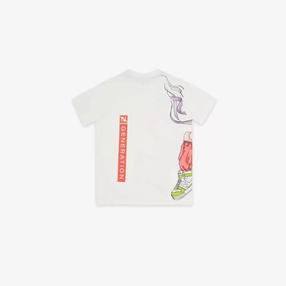 Abbigliamento>Fendi T-Shirt Junior In Jersey Bianco E Multicolor