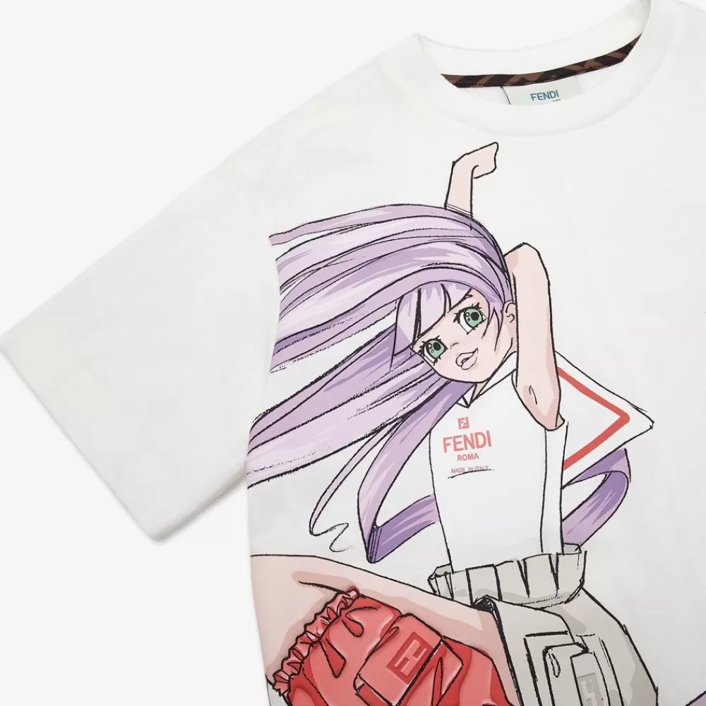 Abbigliamento>Fendi T-Shirt Junior In Jersey Bianco E Multicolor