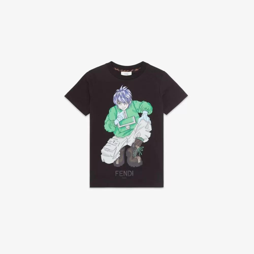 Abbigliamento>Fendi T-Shirt Junior In Jersey Nero E Multicolor