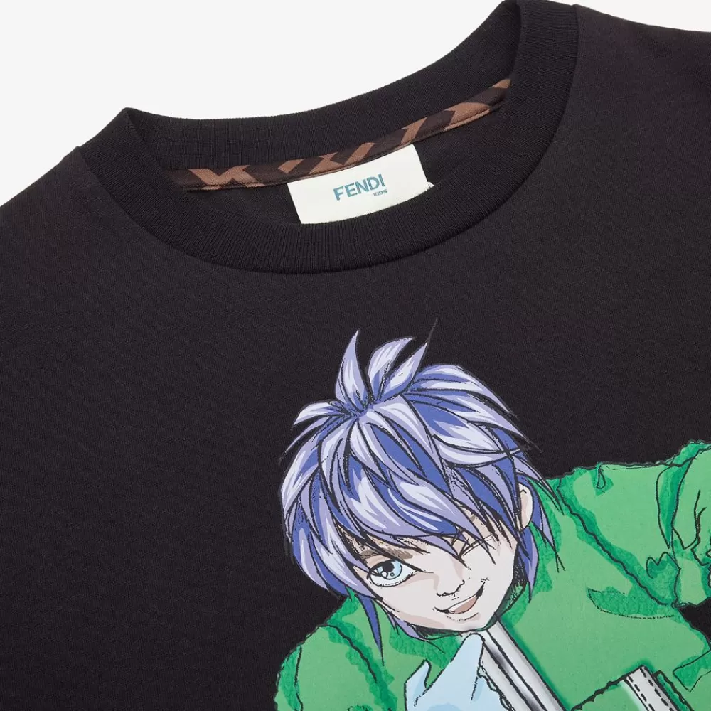 Abbigliamento>Fendi T-Shirt Junior In Jersey Nero E Multicolor