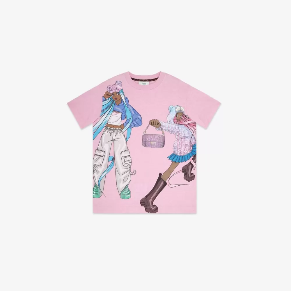 Abbigliamento>Fendi T-Shirt Junior In Jersey Rosa E Multicolor