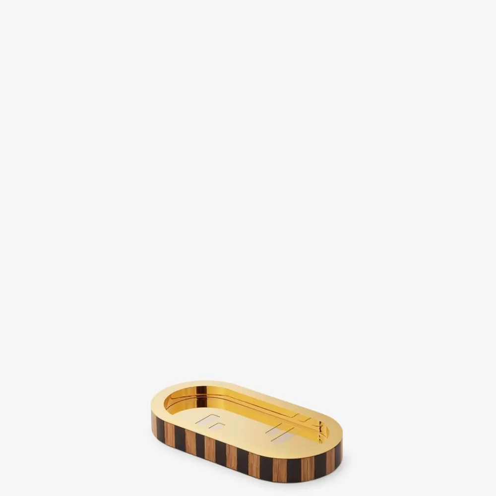 Accessori Per La Casa>Fendi Vassoio In Legno Pequin E Metallo Color Oro
